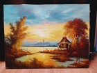Vintage Oil Painting Southeast Asian River Scene Stilt House Sunset Landscape — photo 2