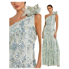 Mac Duggal 94151 Sage Green Beaded Sequin One Shoulder Gown Formal Dress 14
