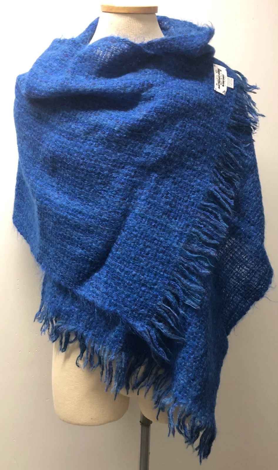 LINEKIN BAY FABRICS MAINE VNTG BLUE WOVEN WOOL BLEND SCARF WRAP W FRINGE 69"X22"