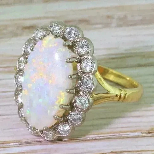 14K Yellow Gold Plated 3Ct Oval Cut Natural Fire Opal Halo Engagement Ring