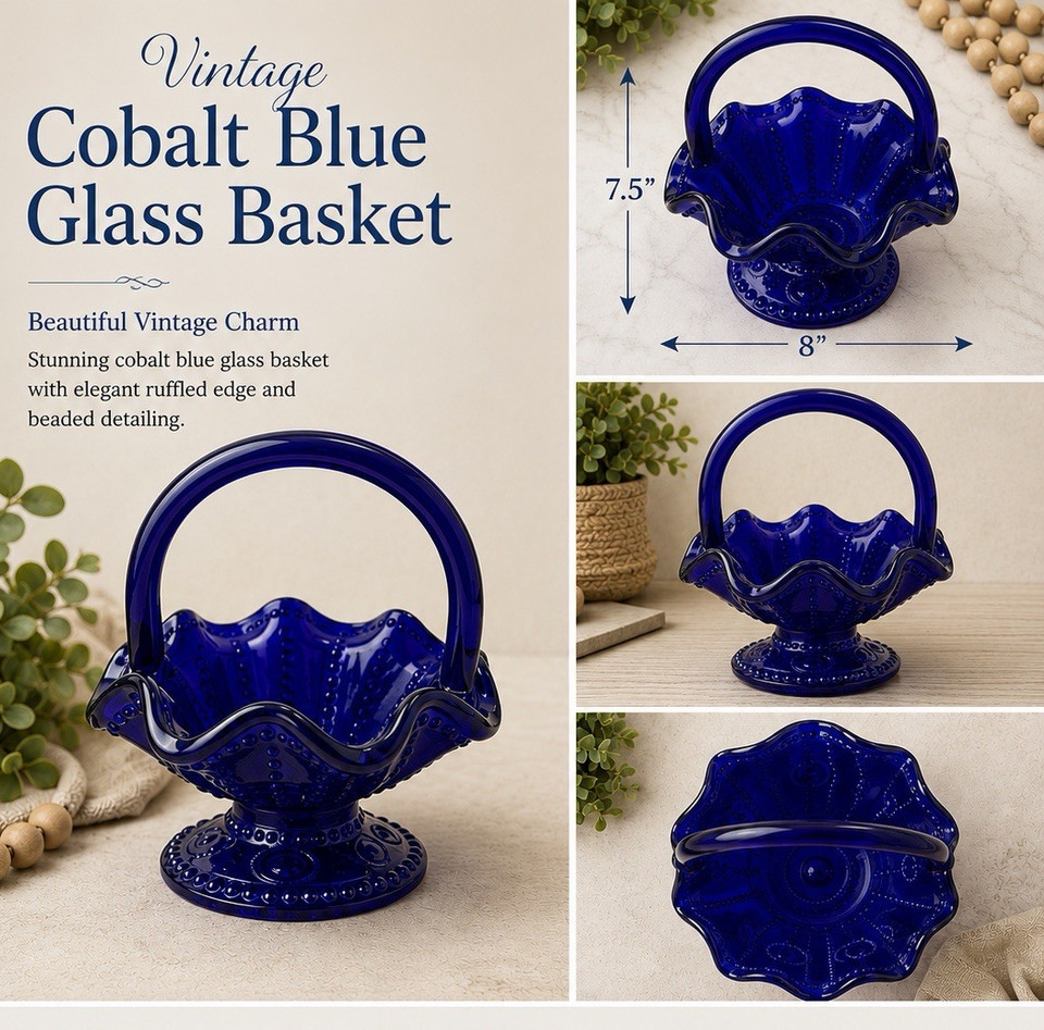 Handles With Ruffles Unmarked Vintage Cobalt Blue Glass Basket Handle Ruffled Edge Beaded ...