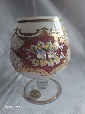 Vintage Niké Bohemia Glas   Handbemalt   Golddekor & Emaille-Blumen  ...