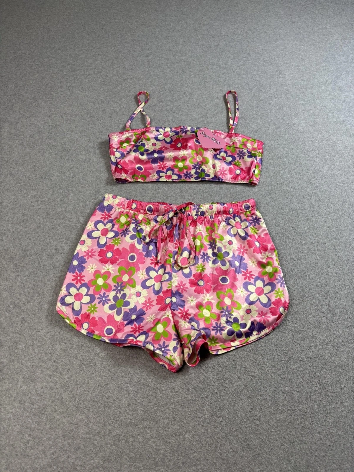 Dollskill Sugar Thrillz Shorts Shirt Womens Small Pink Floral Crop Top Satin PJ