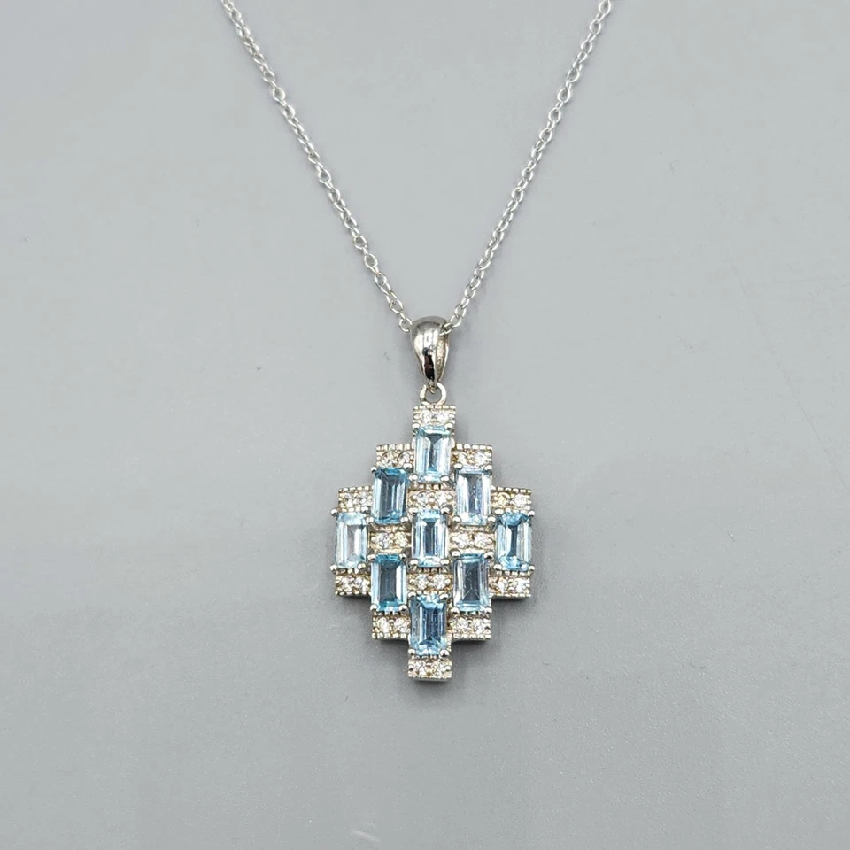 Stauer Rascacielos Plata Esterlina Topacio Azul Baguette Colgante Collar 18" 4.8g Foto 4 de 4