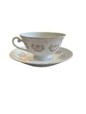 Vintage Made in Occupied Japan Pink Rose Teacup & Saucer Gold Trim 1940s