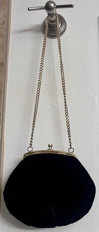 Bolso sin asas de terciopelo negro cartera asa de cadena noche patrimonio vintage cierre a presión Foto 4 de 4
