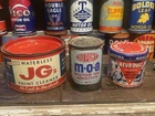 Vintage 1950s Advertising Tins Motor Oil Can JG Paint Cleaner Nevr-Dull  Sign