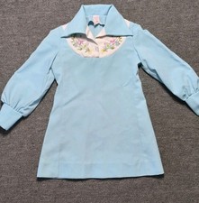 VTG 1970s Girls Blue A-Line Dress Puff Sleeves Embroidered Collar Mod Retro