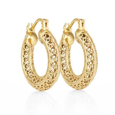 Gold Plated Filigree Hoop Earrings Bronze Handmade Vintage 1 Inch