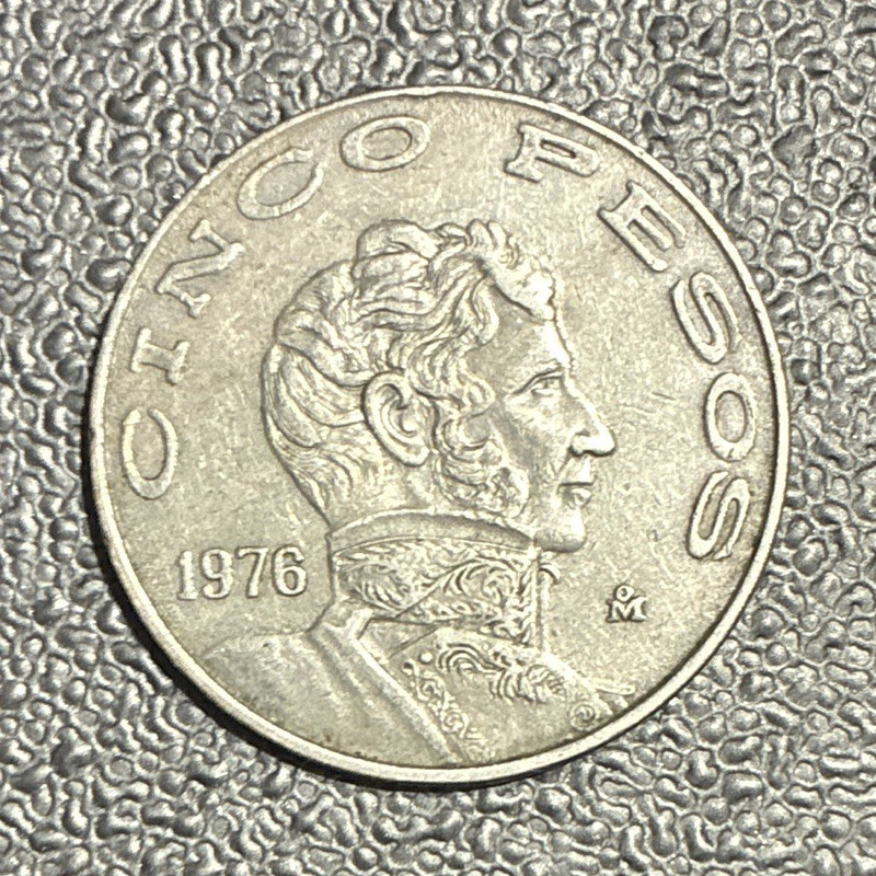 1976 Mexico Cinco Pesos Copper-Nickel Coin KM#480 Mo Mint Mark