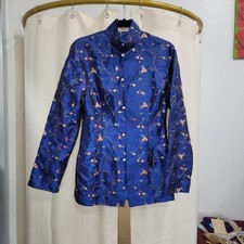 Vintage Silk Taffeta Blue Floral Embroidered Mock Neckline Pearl Button Jacket M