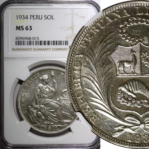PERU Silver 1934 1 Sol 37mm large letters NGC MS63 KM# 218.2 (015)