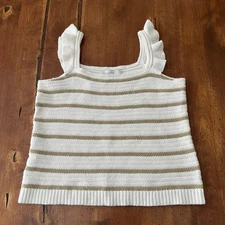 Womens Ann Taylor LOFT Medium Tan White Striped Knit Tank Top Ruffle Straps