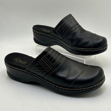 Clarks Mules Women 10M Black Leather Bendables Clogs Comfort Professional Office