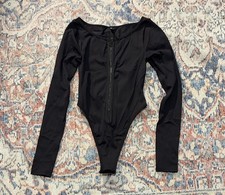 For Love Lemons Black Ribbed Zip Front Long Sleeve Bodysuit SZ S EUC