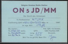 ON5JD/MM David Jan Belgian Amateur Radio Station QSL Card Antwerp Belgium 1978