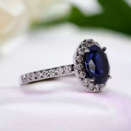 2.90 Ct Oval Cut Natural Sapphire & Diamond Wedding Ring 14K White Gold Size 5 - Picture 2 of 8