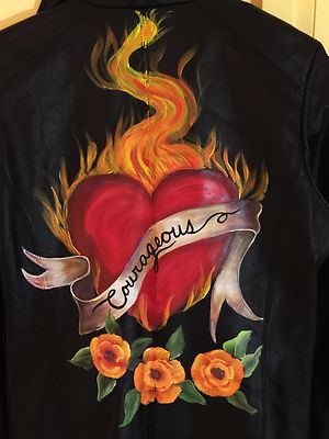 Veste En Cuir Vintage Peinte Main - Motif "Courageous Heart Aflame" - Taille 6-8 - Style Moto