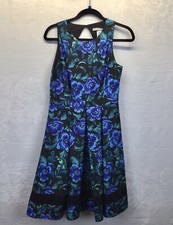 Eliza J Women Fit-Flare Dress Sz 6 Black/Blue Floral Cut Back Sleeveless Lined