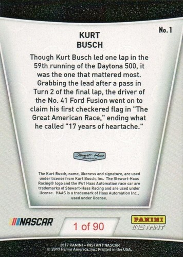 Kurt Busch 2017 Panini Instant #1 gana su primera victoria en Great American Race (PR 90) - Imagen 2 de 2