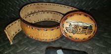 VTG USA WESTERN TOOLED ACORN SILVER LACED LEATHER BELT BUCKLE LONGHORN BUCK NAME