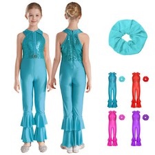 Girls Sparkly Sequins 70s Disco Dance Unitard Party Hippie Bell-Bottom Jumpsuits
