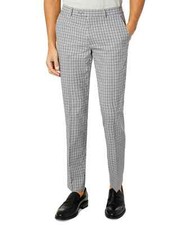 Bar III Mens 32x30 Grey Check Slim-Fit Dress Pants Flat Front Casual