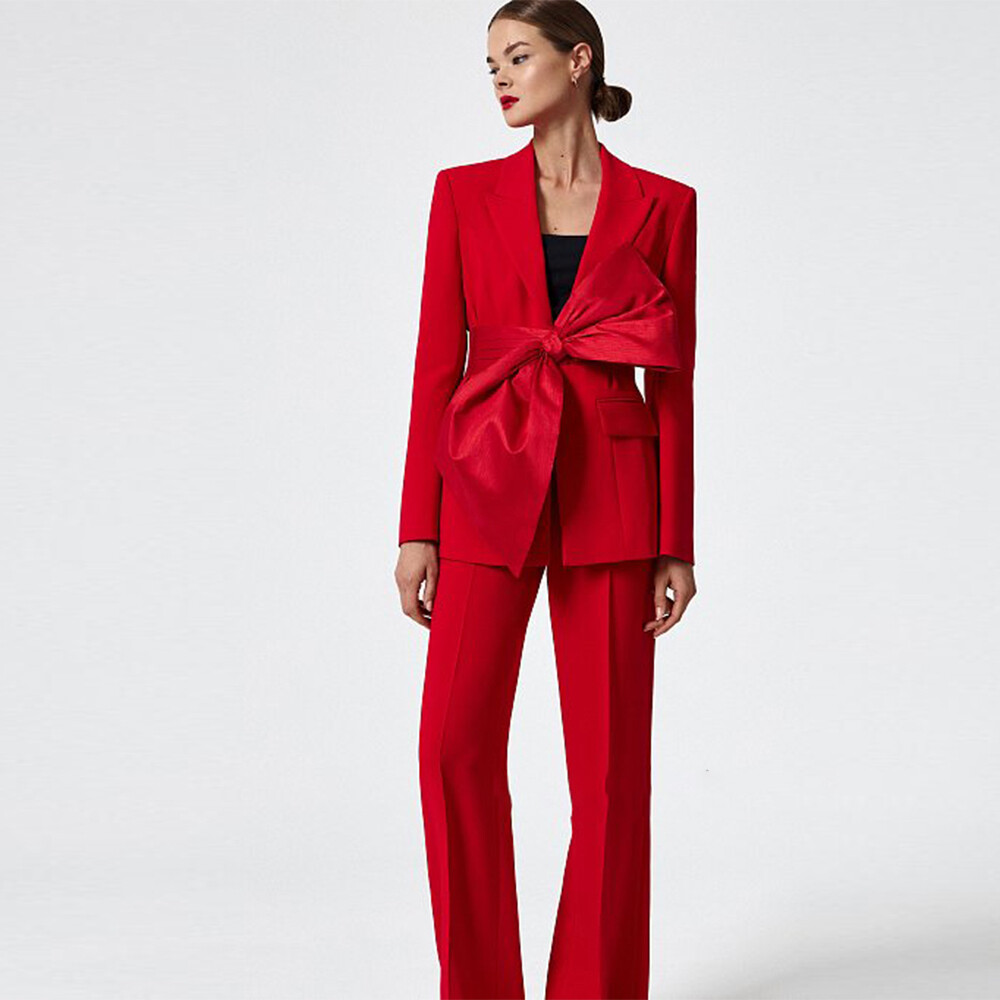 Women Business Office Suits 2 pieces Bow Lace Up Button Fashion Suits Slim Fit