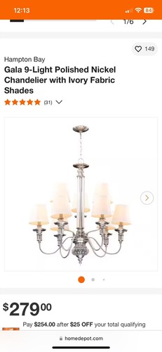 Gala 9-Light Polished Nickel Chandelier w/Ivory Fabric Shades Hampton Bay 517939 - Picture 3 of 7