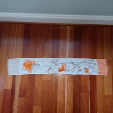 Vintage Vera Neumann Silk Scarf Orange Flower Floral Skinny Fringe Beige Retro