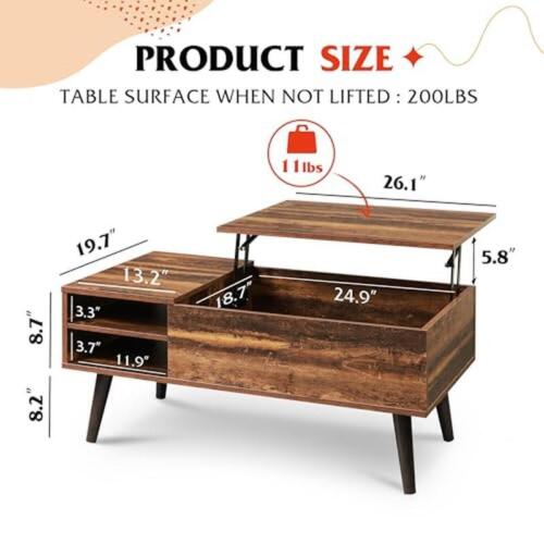 Wood Lift Top Coffee Table Hidden Compartment Rustic Oak Surface 16.93"H New - Picture 4 of 7