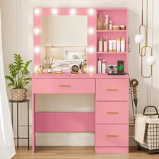 Vanity Desk with Lighted Mirror Dressing Table Vanity Table with Power Outlet