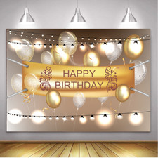 Happy Birthday Backdrop Gold Banner Balloons Bokeh Spots B-Day Party Background