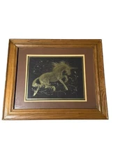 Unicorn Gold Foil Framed Art Print Paul M Breeden Vintage 19.5" x 23.25" Signed