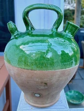 French Antique Confit Pottery Earthenware Green Glaze Ceramic Pierre Deux Jug