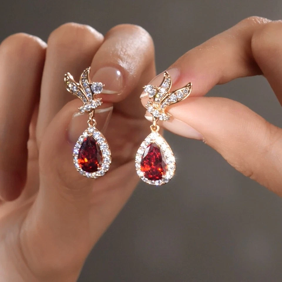 18k gold gf red pear crystal stud drop dangle symmetrical flower earrings - Image 3 of 4