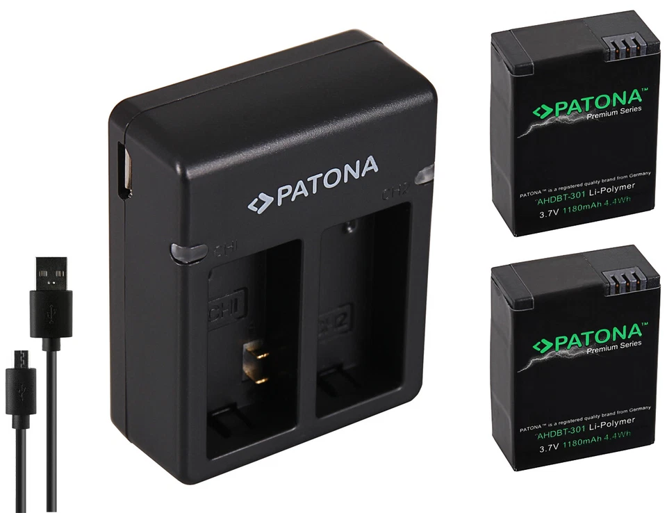 PATONA 2 x Premium Akku + Dual-Ladegerät für Gopro HERO3, HERO3+ Plus - AHDBT-301, -302