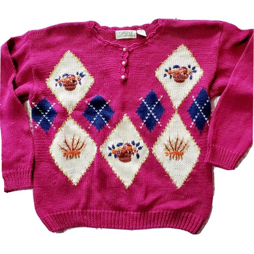 Vintage Womens Size Large Fuschia Pink Floral Argyle Preppy Sweater Ramie Cotton