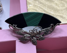 SPILLA VENTAGLIO VINTAGE MALACHITE MOP ONICE MARCASITE giglio ispirazione asiatica 2,5 pollici