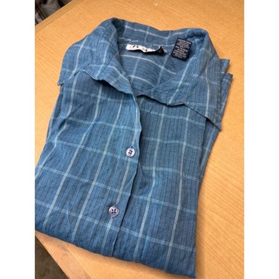 Keren Hart Womens XL Blue Plaid Button Shirt Long Sleeve Textured Rayon Blouse