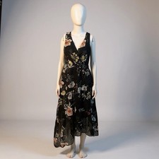 INC Dress Black Floral 4 Flowing Side High Low Midi Sleeveless V Neck Tiered