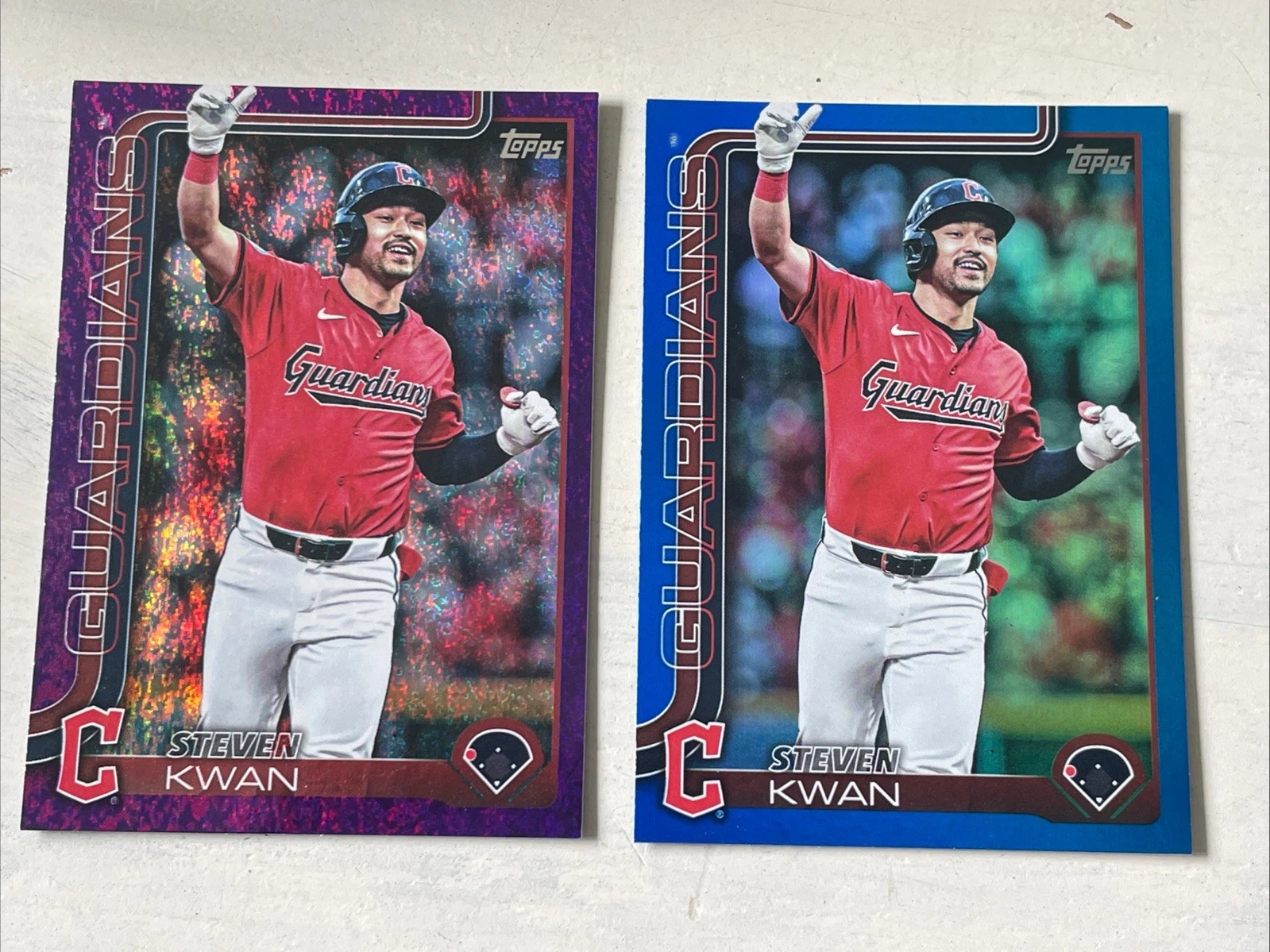 2025 Topps Series 2 Blue Foil /150 And Purple Speckle /250 Steven Kwan #682