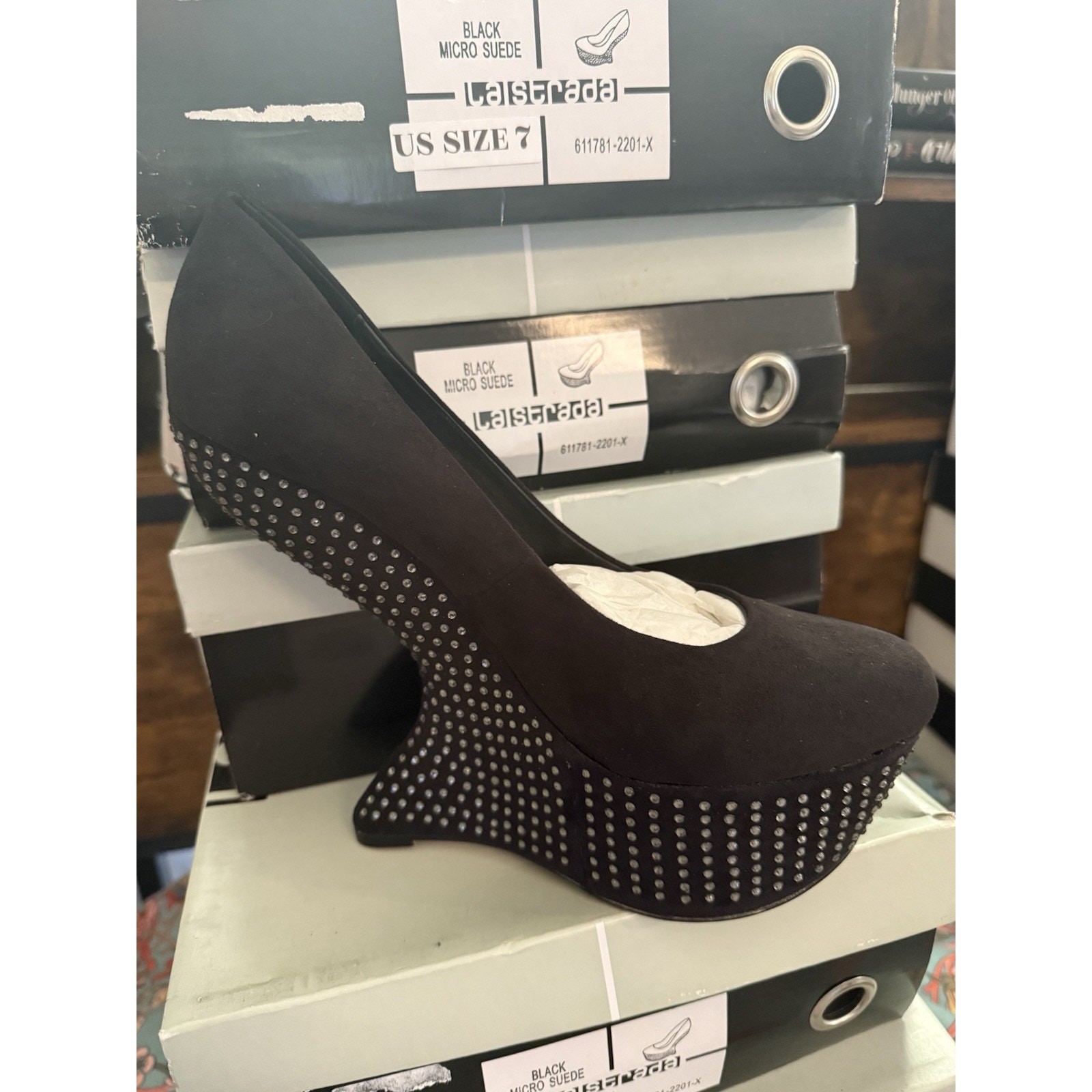 LA STRADA BLACK SUEDE MYSTIQUE WEGE BLING GAGA HEELS US Size 7