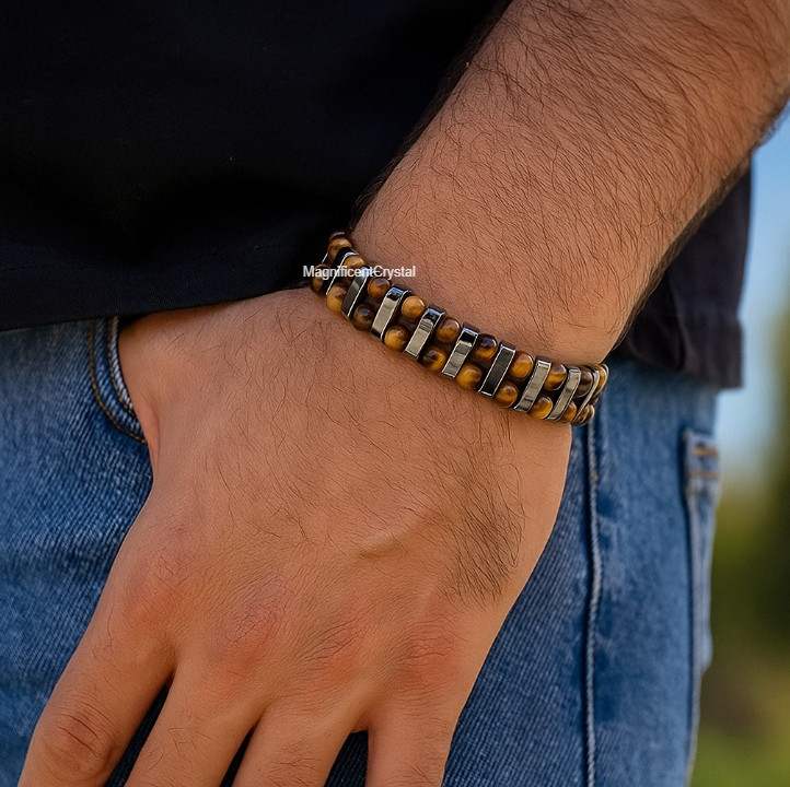 Premium Tiger’s Eye & Hematite Bracelet Genuine Stone Energy Men Jewelry Xmas