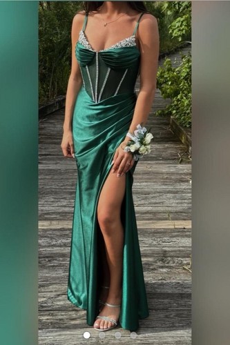 Emerald green prom dress with rhinestones and corset, size 6