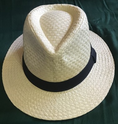 **# VINTAGE 100% Basket Weave Paper Panama Hat with Black Ribbon SIZE MED PH3