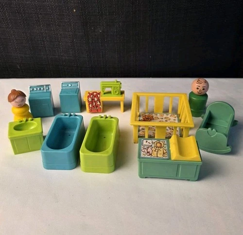 Vintage 11 pc Lot of Fisher Price Little People Furniture & People - Sewing Mach