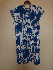 Ann Taylor LOFT White Blue Floral Cap Sleeve Drawstring Waist Rayon Size Large