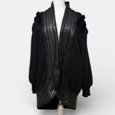 Carter Classics Vintage Angora Knit Cocoon Cardigan Leather Trim Fur Jacket M