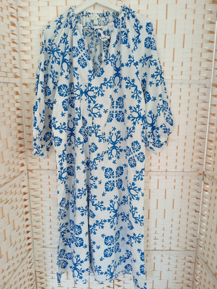 H&M Print Blue Kaftan Dress Size 10, Cotton, Oversized, Casual, Beach, Summer